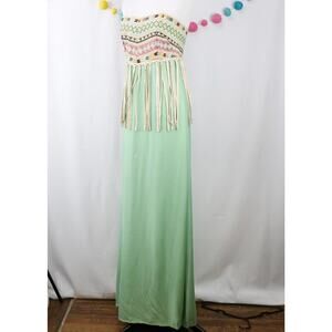 Judith March Mint Green Strapless Fringe Tribal Bodice Maxi Dress Size Small
